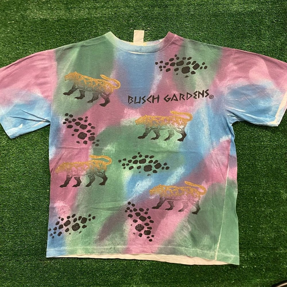 Vintage 90s Busch Gardens T-Shirt Jaguar Tie Dye Single Stitch L Nature Wildlife